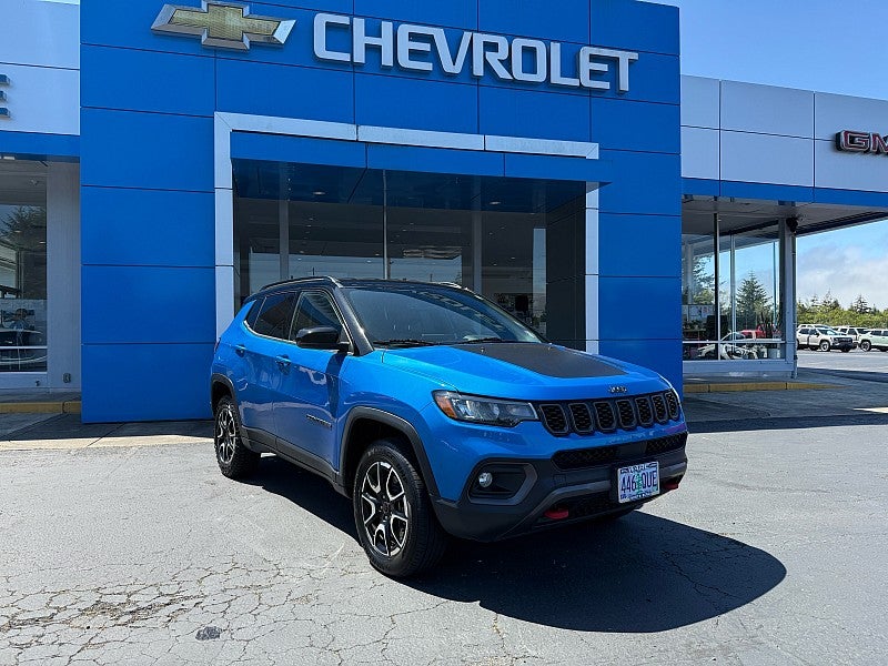 2025 Jeep Compass Trailhawk in Blue — front three-quarter view